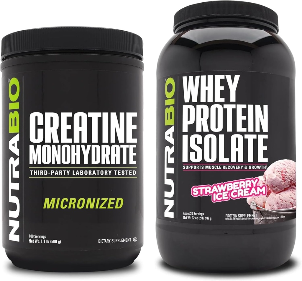 NutraBio Creatine Monohydrate, Unflavored, 500g och Whey Protein Isolate, Strawberry Ice Cream, Supplement Bundle - Muscle Energy, Lean Muscle Growth, Recovery och Strength