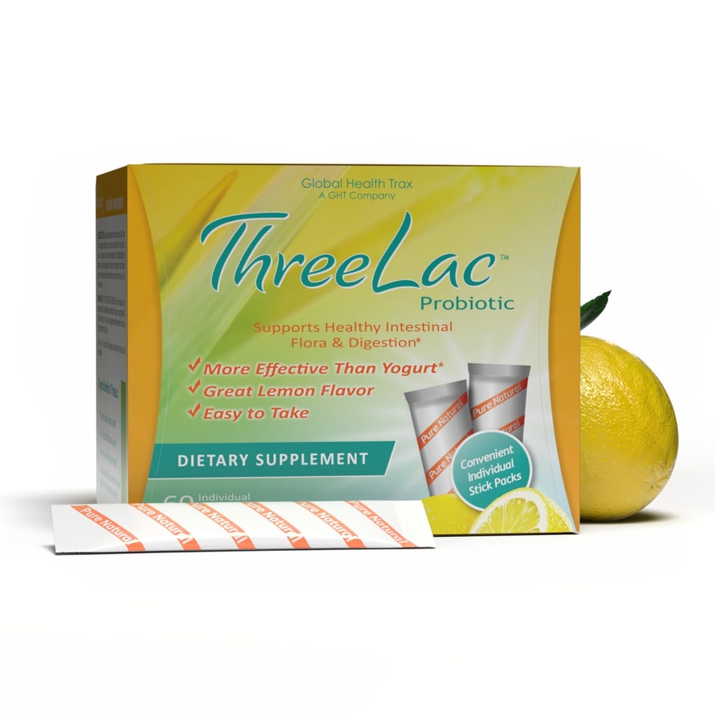 Global Health Trax GHT - ThreeLac Lemon Probiotic Drink Mix for Dgestive Health - Advanced Probiotic Powder Formula miesten, naisten ja lasten - Immunosupport & Gut Balance, non-GMO - 60 Packets
