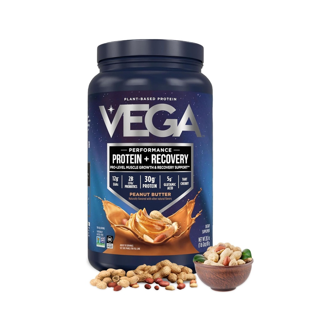 Vega Sport Vegan Protein Powder + Recovery - 30g Plant Based Protein per Serving, Peanut Butter, 19 Servings, 5g BCAAs, Probiootit, NSF Certified, Shakes & Smoothies, 1.8lbs (Packaging May Vary)