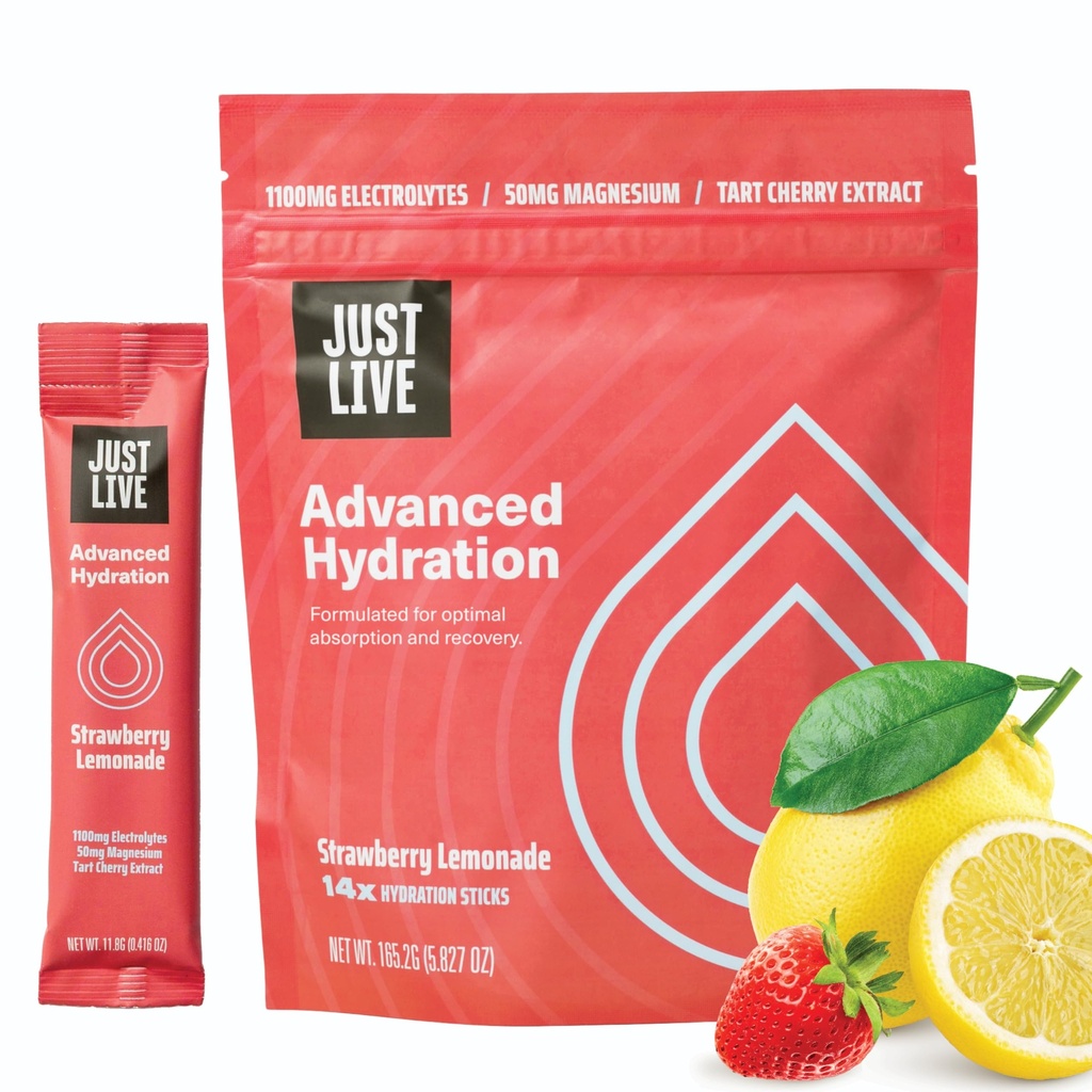 Just Live Advanced Hydration - Mansikkasitruuna, Electrolyte Drink Mix, Tart Cherry Extract, tukee Recovery & Imeytyminen, Matala sokeri, 14 pakkaus