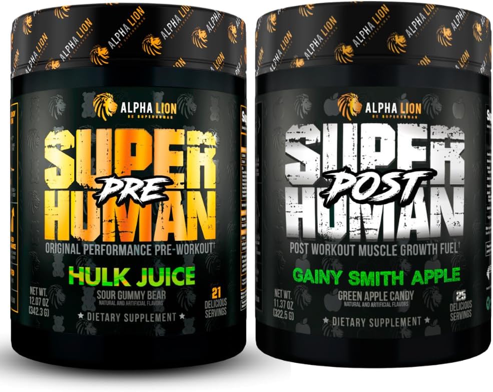 AAKKOSELLINEN LION Superhuman Pre workout Powder & Post Treout Recovery Bundle, jatkuva energia & Focus + lean lihasten kasvu, vahvuus & tilavuus (Hulk Juice & Gainey Smith Apple)