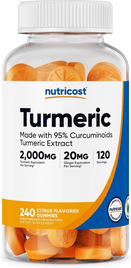 Nutricost Turmeric Gummies (240 Gummies) - Citrus Flavored, valmistettu 95% Curcuminoidit, 120 tarjoilua, sisältää inkivääri- ja mustapippuriuute, kasvissyöjä, ei-muuntogeeniset ja gluteeniton