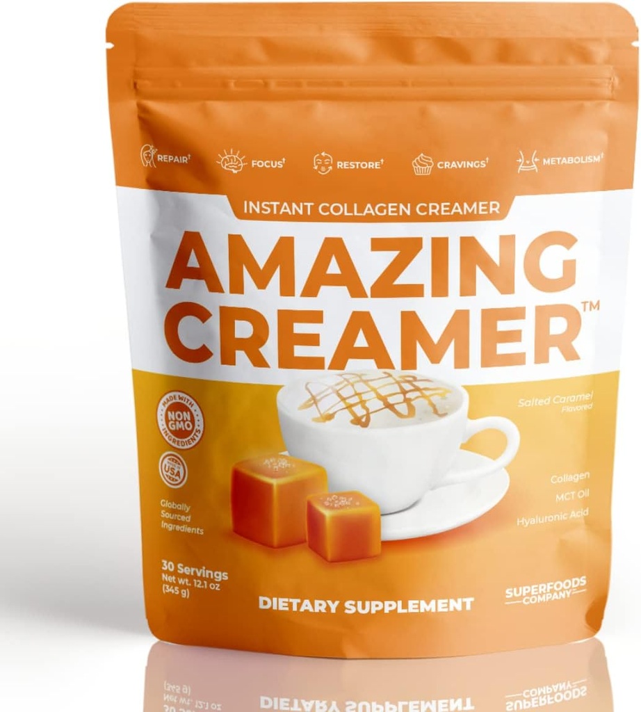 Superfoods Company Amazing Creamer Collagen - Keto Creamer-Hyaluronic Acid & MCT Oil - Aivojen Boost & Curbs Cravings - Tukee Terve iho & hiukset - Ruokavalio-perjanta [30 tarjoilua] [Salted Caramel]