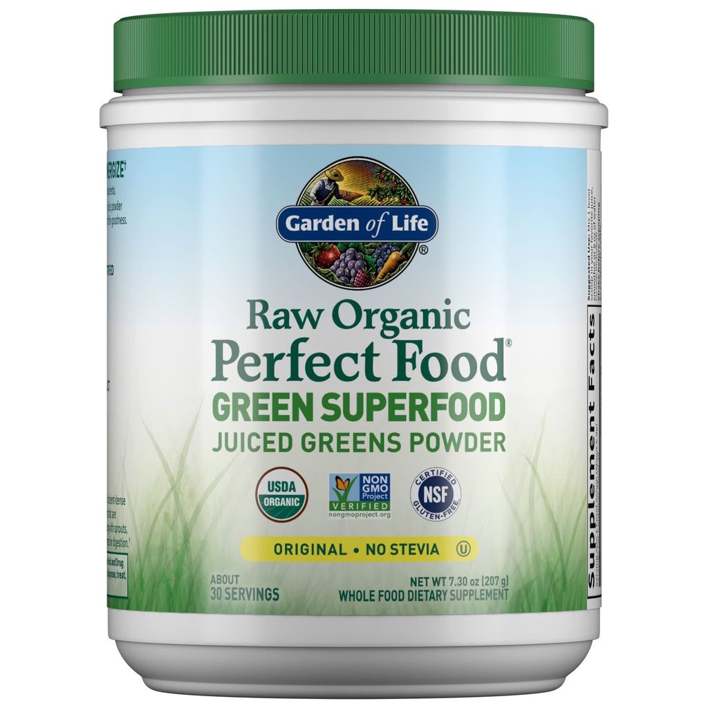 Puutarha Life Raw Organic Perfect Food Green Superfood Juiced Greens Powder - Original Stevia-Free, 30 Servings, Ei-GMO, Gluteenittomat Koko ruoka ravintolisä, alkalize, Detoksify, Energize