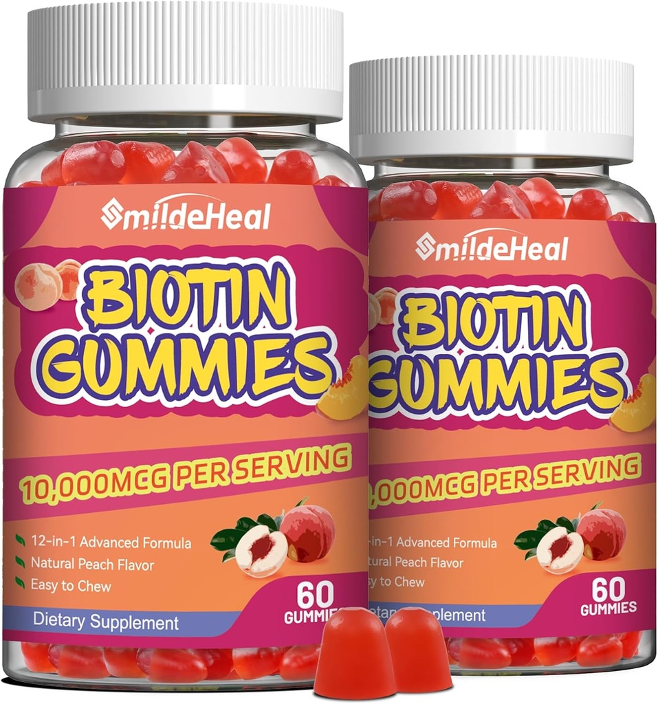 2 Pack Biotin Gummies hiusten kasvua 10000 mikrog, hiukset iho ja kynnet Gummy kanssa Foolihappoa, Vitamiinit A, B, C, E & D, Vegan biotiini vitamiineja naisille ja miehille, 120 Gummie