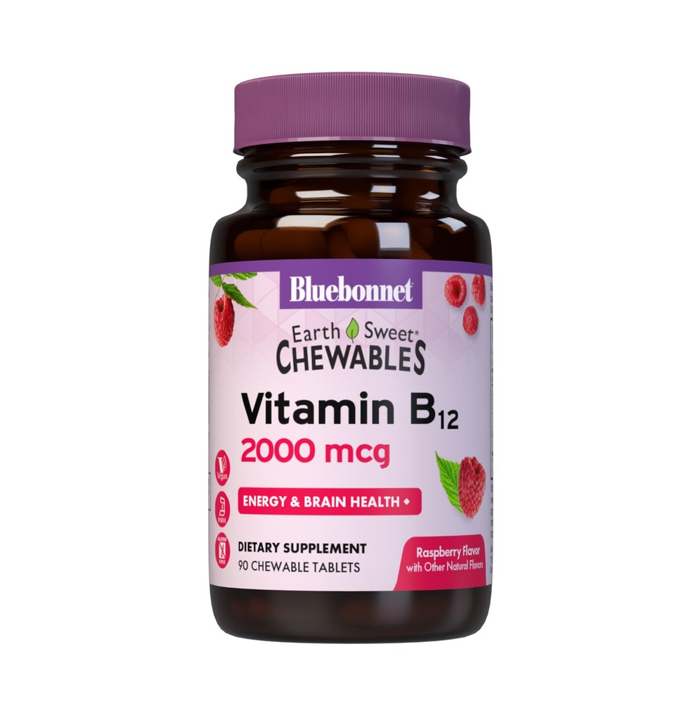 BlueBonnet Nutrition Earth Sweet B12 2000 mcg Pureskeltavia tabletteja, soijattomia, gluteenittomia, Kosher Certified, Dairy-free, vegaaninen, vadelma maustettu, 90 purutablettia, 90 tarjoilua