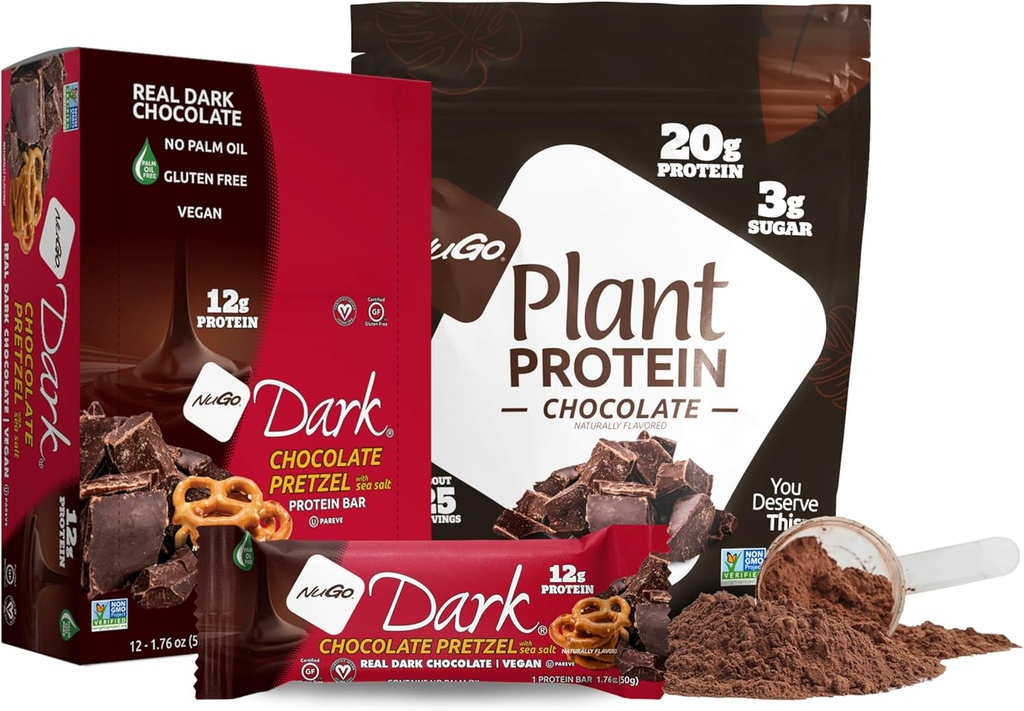 NuGo Dark Chocolate Pretzel w/SS, 12g Vegan Protein, Gluten Free, Kosher Pareve, Non-GMO, 12 Count och NuGo Plant Protein Powder, Chocolate, 20g Protein, 3g Sugar, 25 portioner