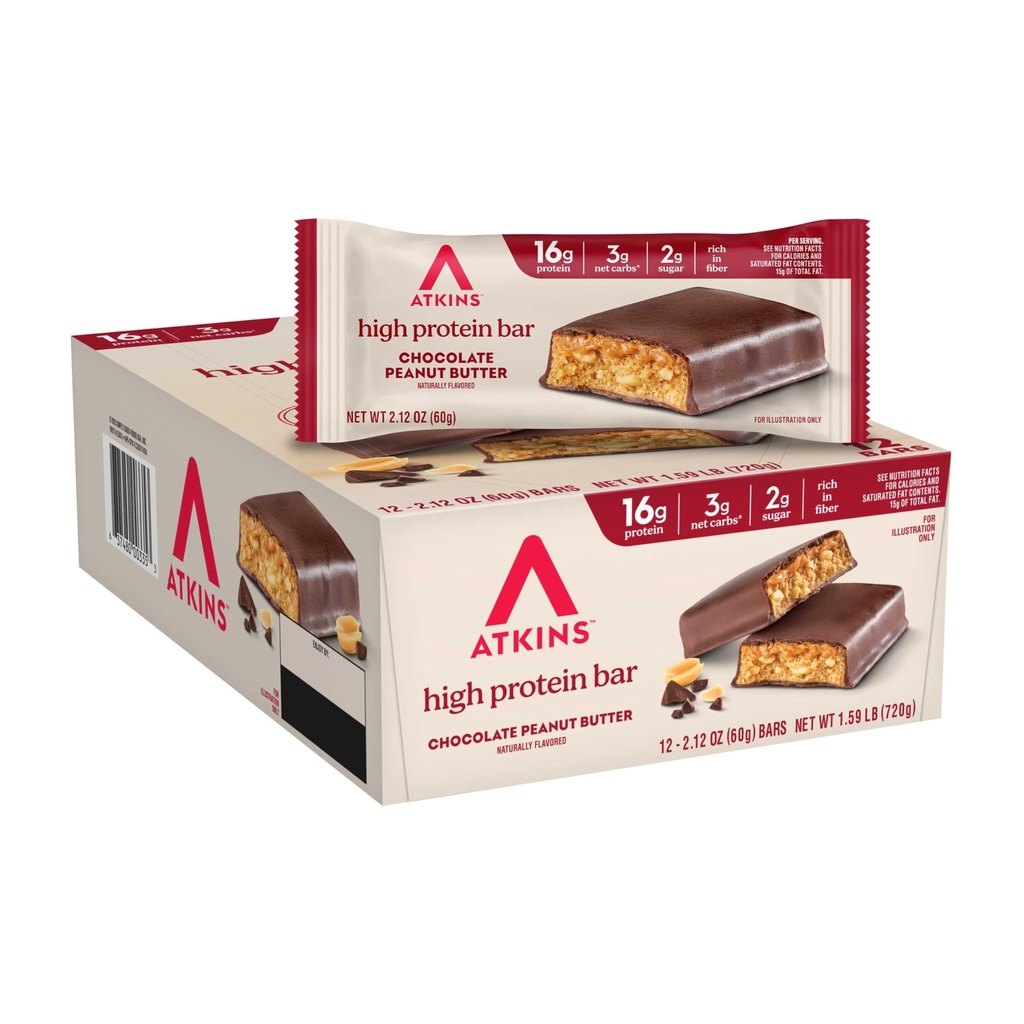 Atkins Chocolate Peanut Butter Protein Ateriapatukka, Korkea kuitu, 16g Proteiinia, Matala sokeri, 3g Net Carb, Low Carb, Keto Friendly, 12 kreivi