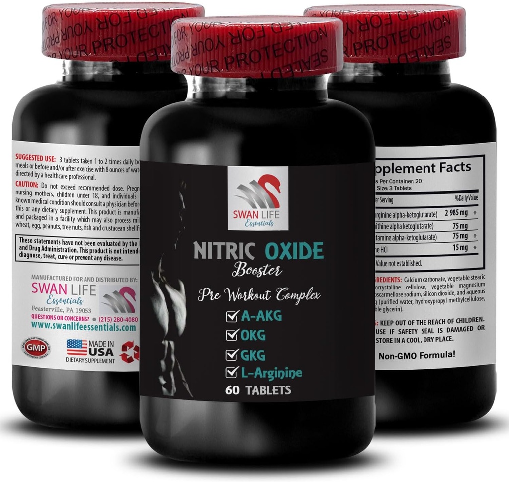 A-AKG - NITRIC OXIDE BOOSTER - kväveoxidtillskott för män, motion energi, pumpkraft, fitness formel, uthållighet formel, prestanda fokus, energiblandning, kraft öka 1 flaska 60 tabletter