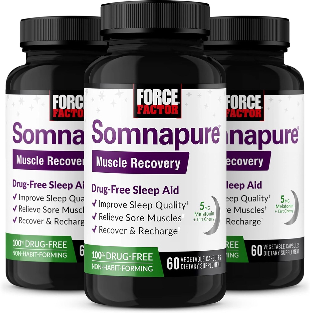 FORCE FACTOR Somnapure lihasten Recovery Sleep Aid aikuisille Melatonin 5mg, Holy Basil, ja L-Theanine, täydentää uni tuki, lihasten arkuus, & lihasten Recovery, 180 Caps, 3-pack