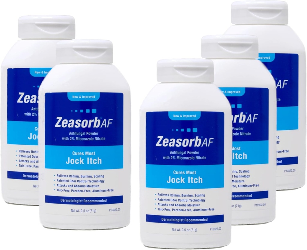 Zeasorb AF Sienilääkejauhe, jossa 2% Mikonatsolinitraattia, Cures Most Jock Itch, 2,5 oz (Pack of 5)