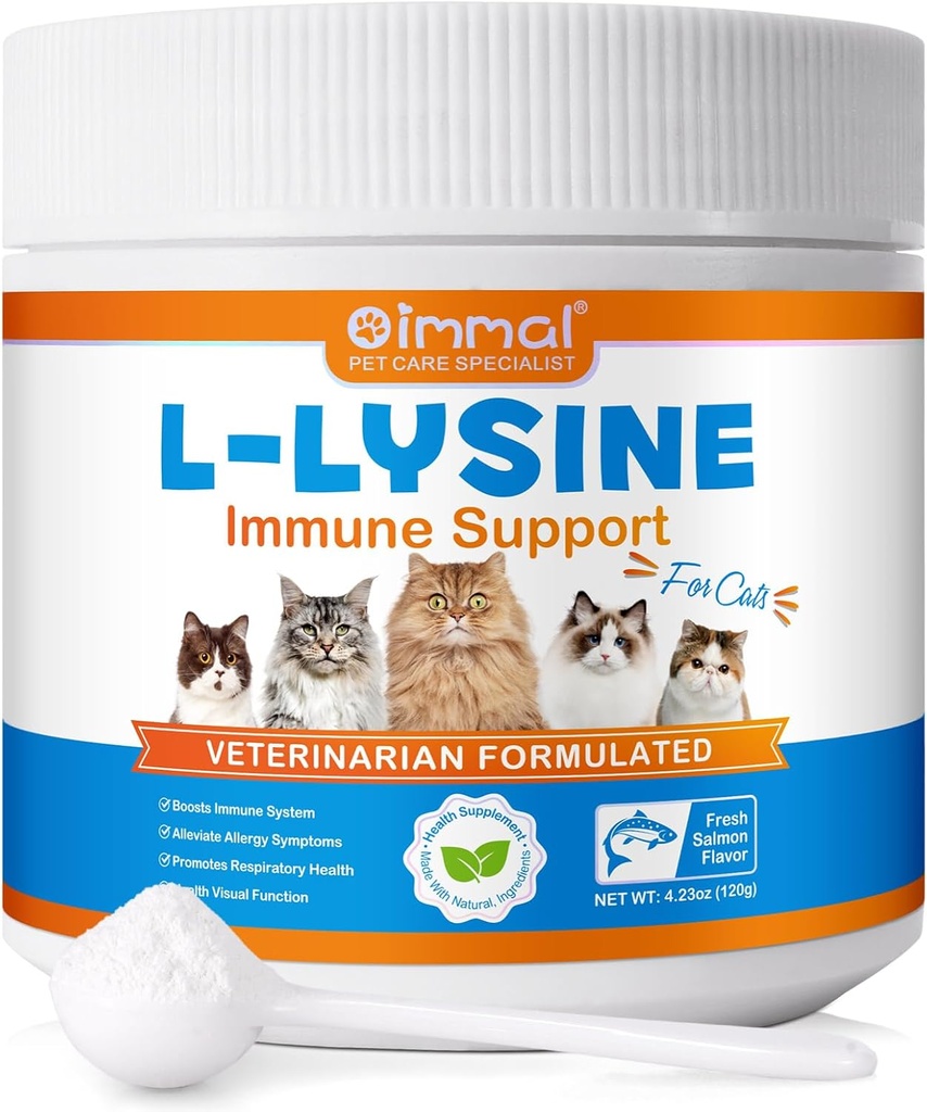 L-Lysine Powder for Cats, Lysine Supplement for Kissat, Tuki-Immuunijärjestelmä, Hengityselinten terveys ja visuaalinen toiminta ja allergia, Lemmikkieläinten terveys tarvikkeet Multivitamiinit, Lohen maku - 4.23 oz / 120g