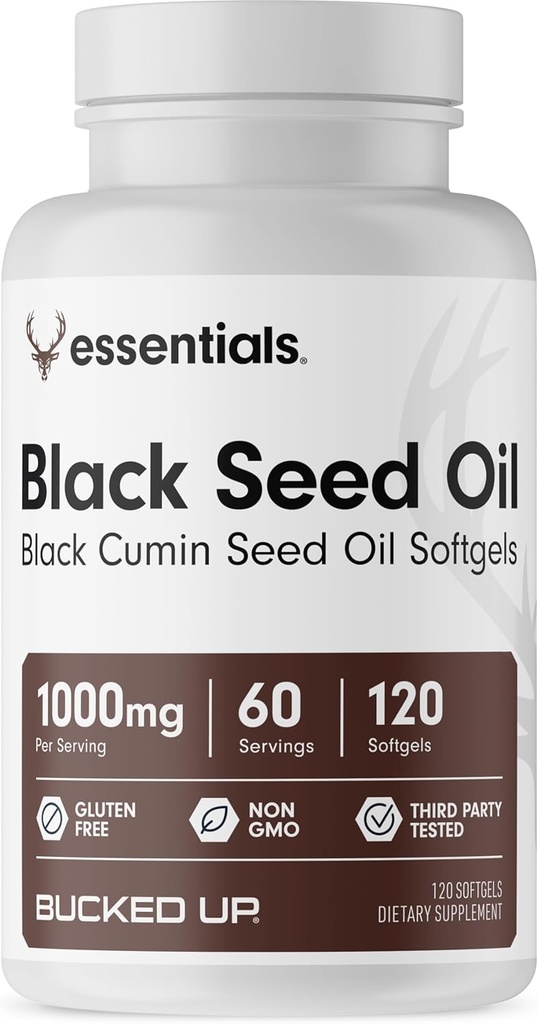 Bucked Up Musta siemenöljy 1000mg per tarjoilu (musta kumina siemenöljy) Essentials (60 tarjoilut, 120 Softgels)