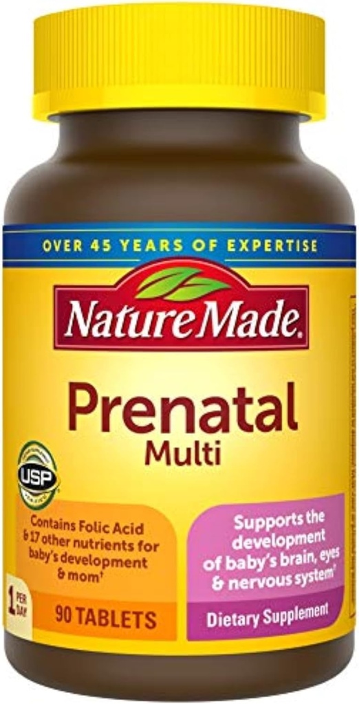 Nature Made Prenatal Multi, 90 tabletter, folsyra + 17 prenatala vitaminer och mineraler för att stödja babyutveckling och mamma, vitamin D3, kalcium, järn, jod, vitamin C och mer (Pack av 3)