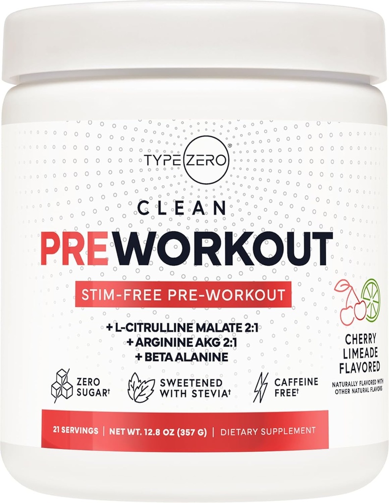Tyyppi Zero Ultra Clean Stim Ilmainen Pumppu Esiharjoittelu + Typpioksidi Booster (Cherry Limeade) - Ei stimuloivia ja kofeiinittomia miehille & naisille