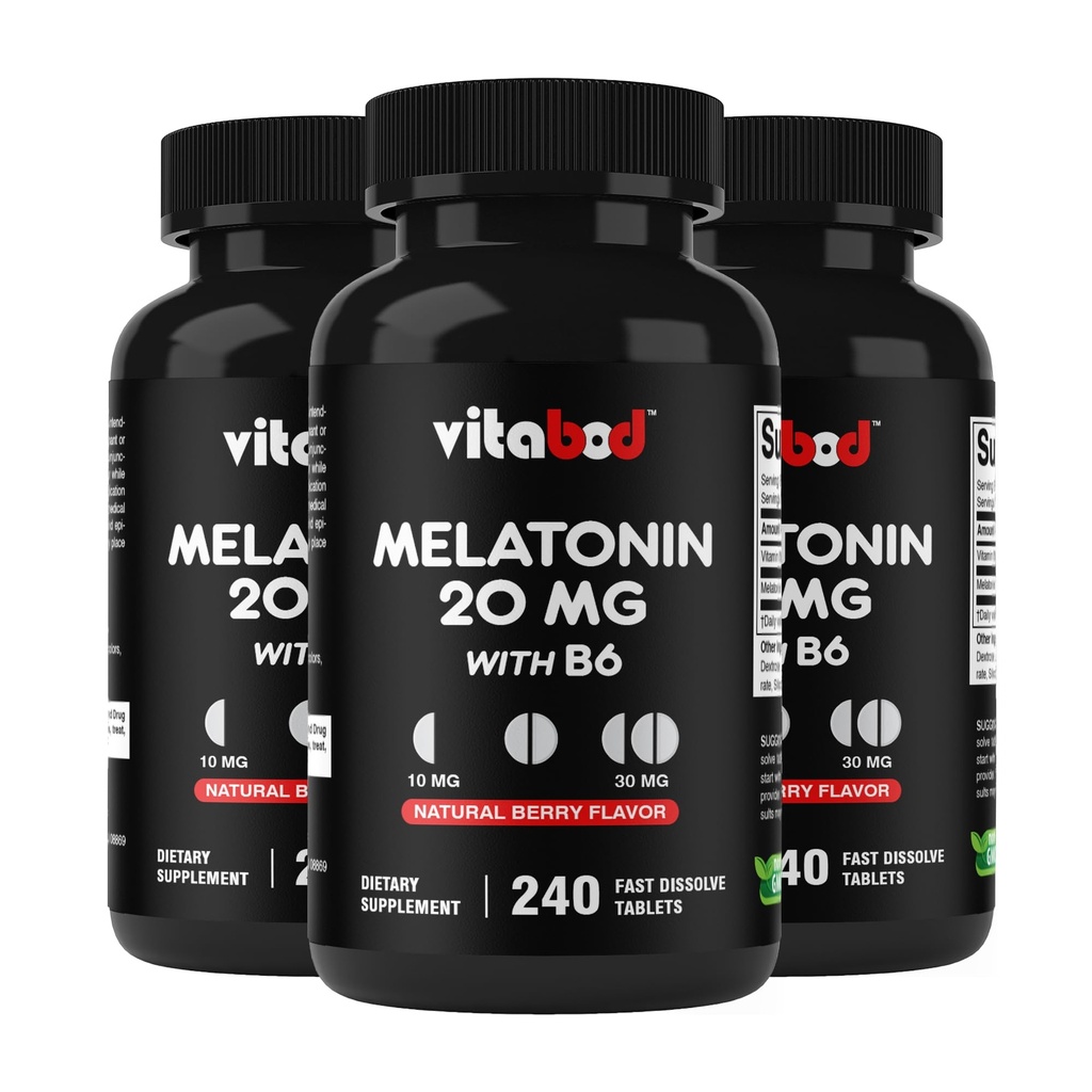Melatoniini 20 mg - 240 Nopeasti liuotettavaa tablettia - Drug Free - Natural Berry Flavor - Kasvisruoka, ei-GMO, Gluteeniton 240
