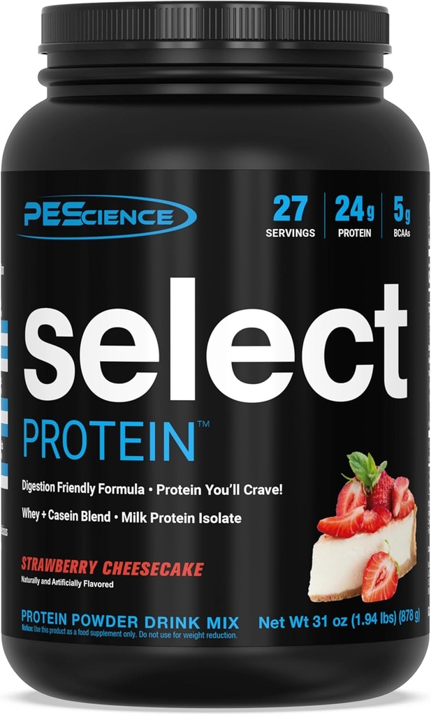 PEScience Select Protein Powder, Whey and Casein Blend, Clean Protein Powder for Women and Men, Low Calorie, Low Carb, Keto Friendly, Gluteeniton, Mansikkajuustokakku, 27 tarjoilua