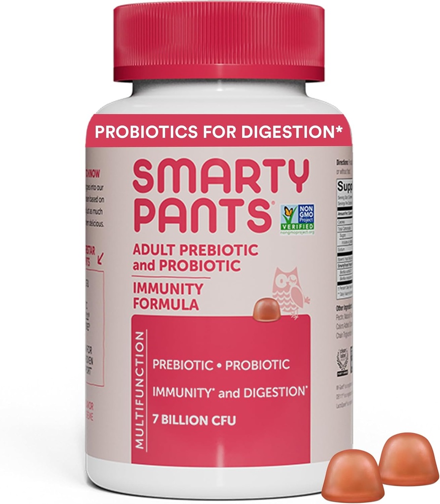 SmartyPants Adult Probiotic & Prebiotic Gummies för Digestive Health: Gut Health Supplement, kliniskt Studied Prebiotic för Immune Support, Strawberry, 60 Count (30 Day Supply)