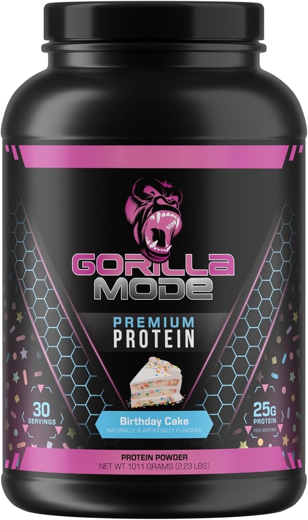 Gorilla Mind Premium Whey Protein - Syntymäpäiväkakku, 25 Grams Whey Protein Isolaatti & keskittyä,Recover ja rakentaa lihas (30 tarjoilua)