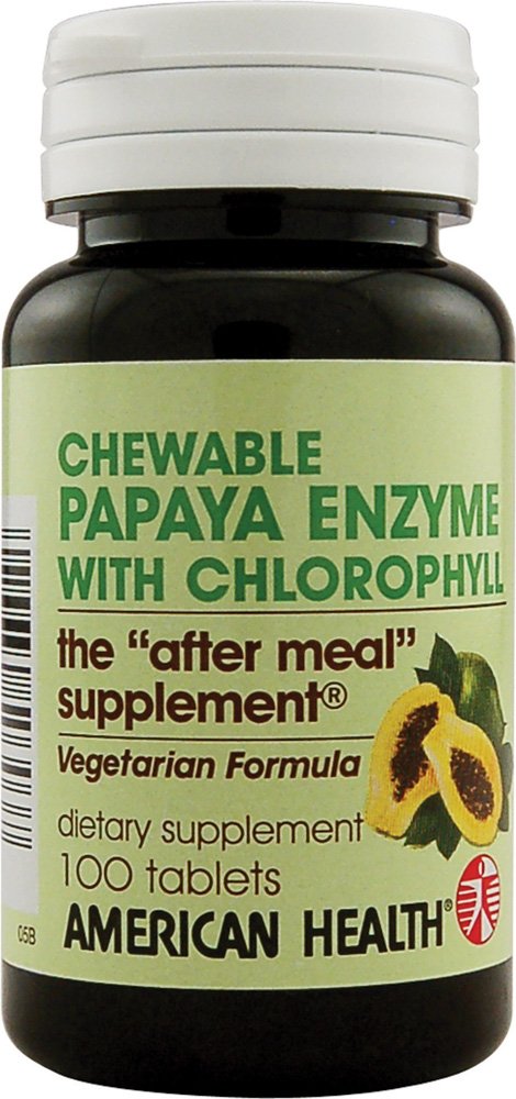 American Health Papaya Enzyme klorofyllillä - 100 purutablettia - Edistää ravinteiden imeytymistä - ei-GMO, Vegan, Gluteeniton - 33 tarjoilua