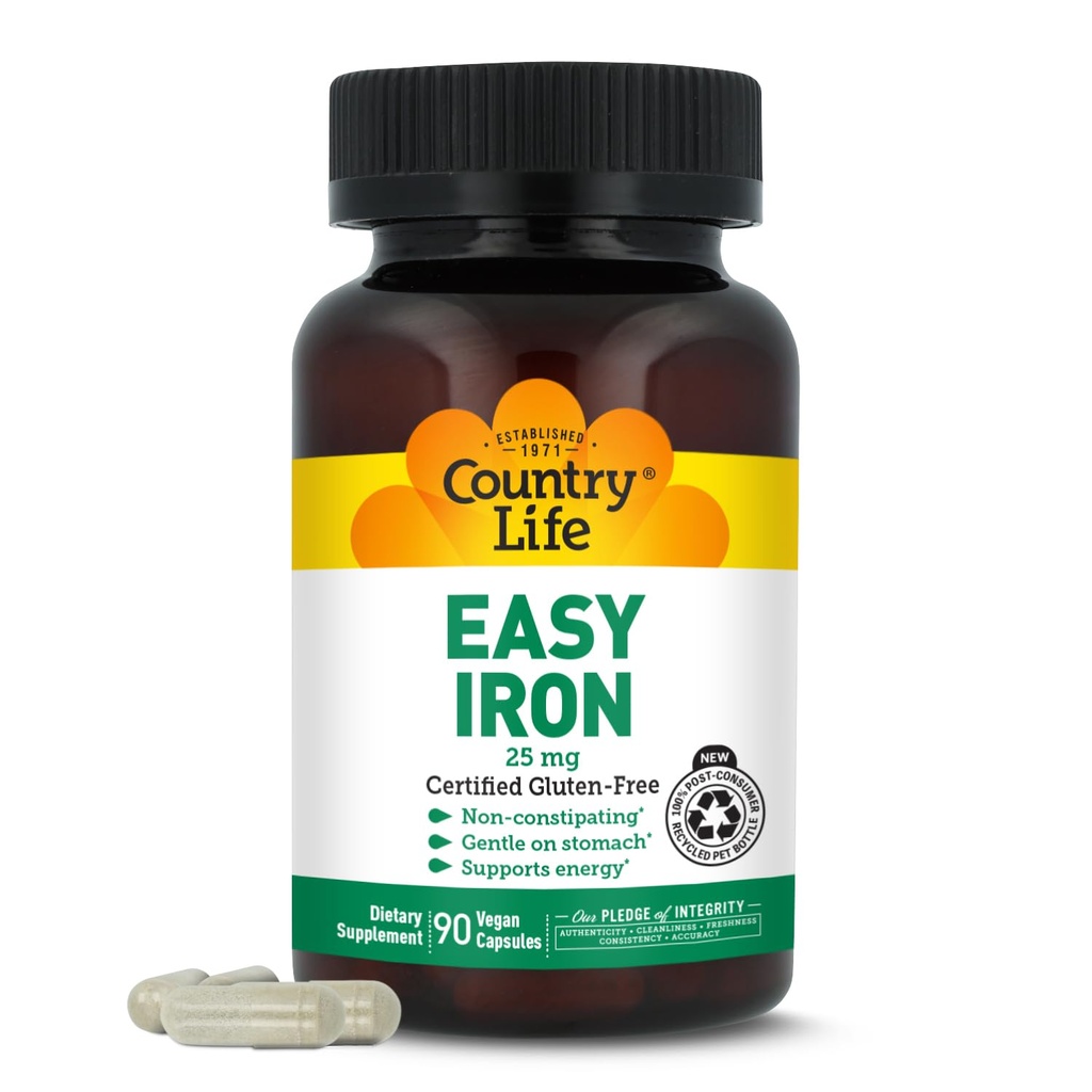 Country Life Easy Iron 25mg Capsules - Gentle Non-Constipating Ferrochel - Vegan Vitamin Supplement för kvinnor och män - Stöder kroppsenergi