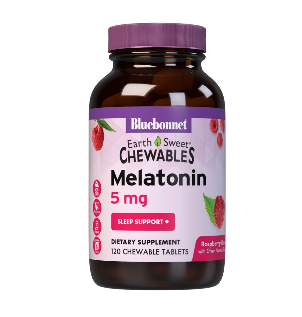 Bluebonnet Nutrition EarthSweet Melatoniini 5 mg Nopeasti toimiva nopeasti liuottamalla Nighttime Rentoutuminen & Levokas uni tuki - uniapu - Gluteeniton, vegaaninen - Vadelma maku - 120 purutablettia