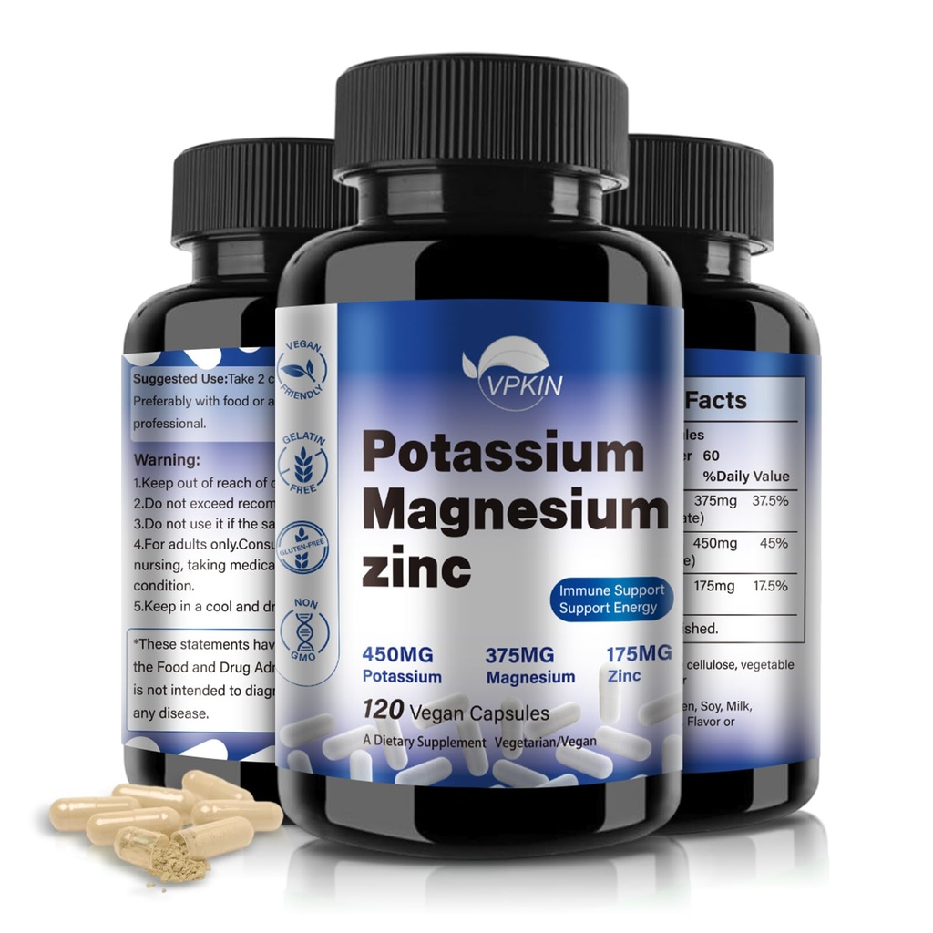 Kalium Magnesium Supplement 1000 mg, magnesium Kaliumsinkki aspartaatti tuki Verisuonisto, luu, sydän, lihakset ja hermo terveys, ei-GMO, vegan, (120 kapselia)