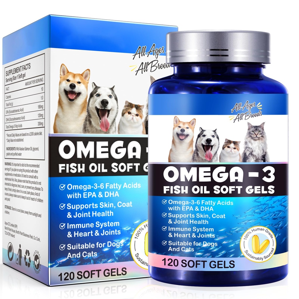 Omega-3 Fish Oil for Dogs, Omega 3 Fish Oil with EPA & DHA Tukee Koirat Seasonal Allergies Relief, Boosts Immuniteetti, kutina ihon Relief & Promote Coat Health, Lemmikkilisät - 120 Soft Gels