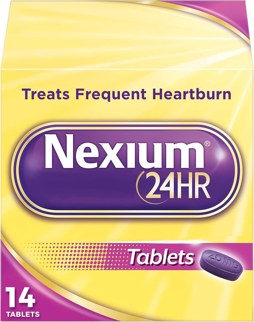Nexium 24HR Viivästynyt vapautuva närästyksen lievittävä tabletti, esomepratsoli Magnesiumhapon reduktori, 20 mg, 14