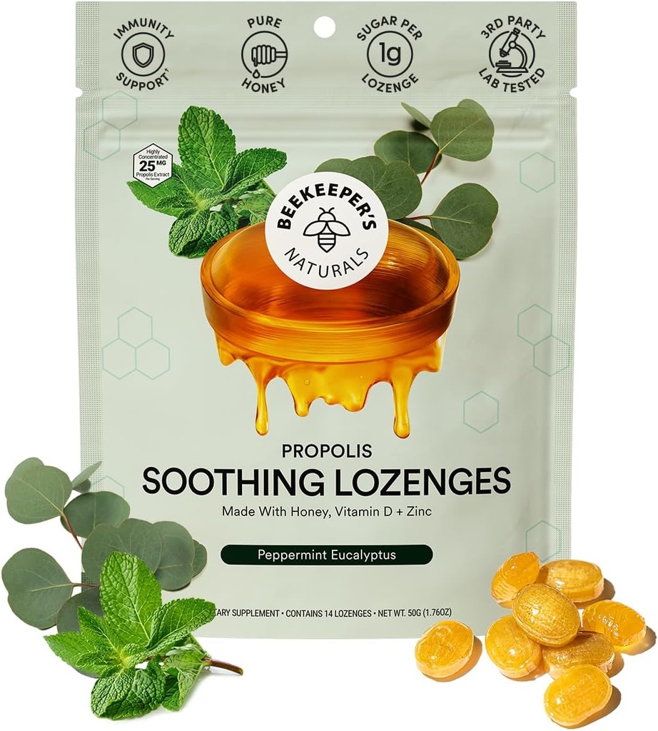 Mehiläishoitajan Naturals Rauhoittavat Mint Eucalyptus Cough Drops, Immuuni tuki D-vitamiini, Sinkki ja Propolis, Jäähdytys & Kurkku rauhoittaa Lozenges, 14 Ct