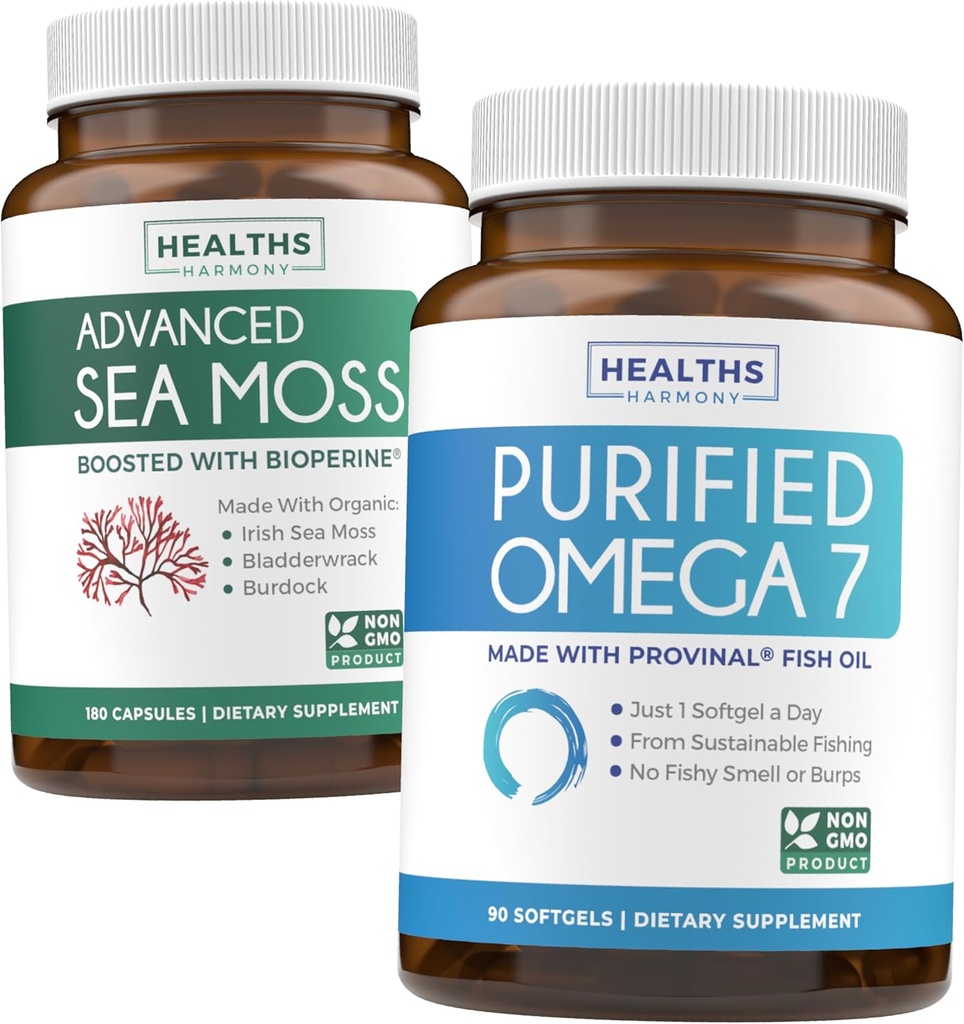 Irländska Sea Moss & Omega 7 (3-månaders leverans) Sea Omega Combo Bundle - Organic Irish Sea Moss - Raw Vegan Supplement (180 Caps) & Omega 7 Softgels - Provinal Sustainable Peruvian Anchovy Fish Oil -90 Caps