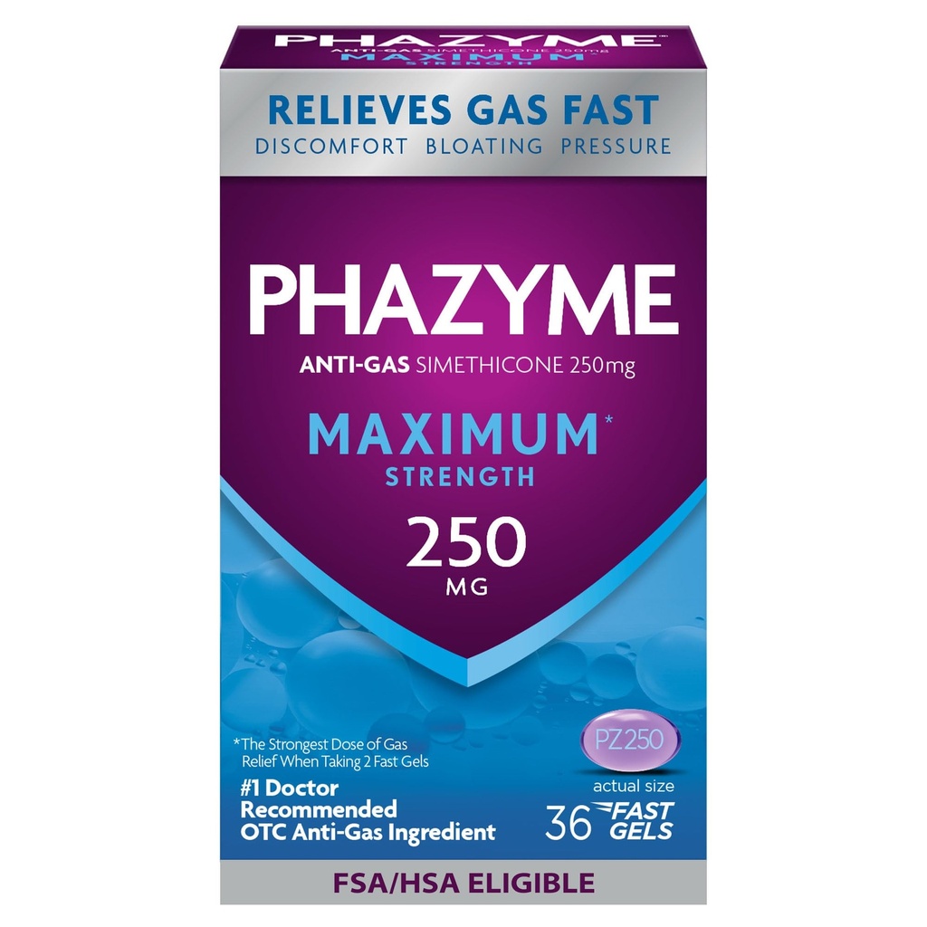 Phazyme Maximum * Vahvuus Anti-Gas 250 mg simetikoni Gas Relief aikuisille, nopeat geelit nopeasti helpottava, paine ja häiriö, 36