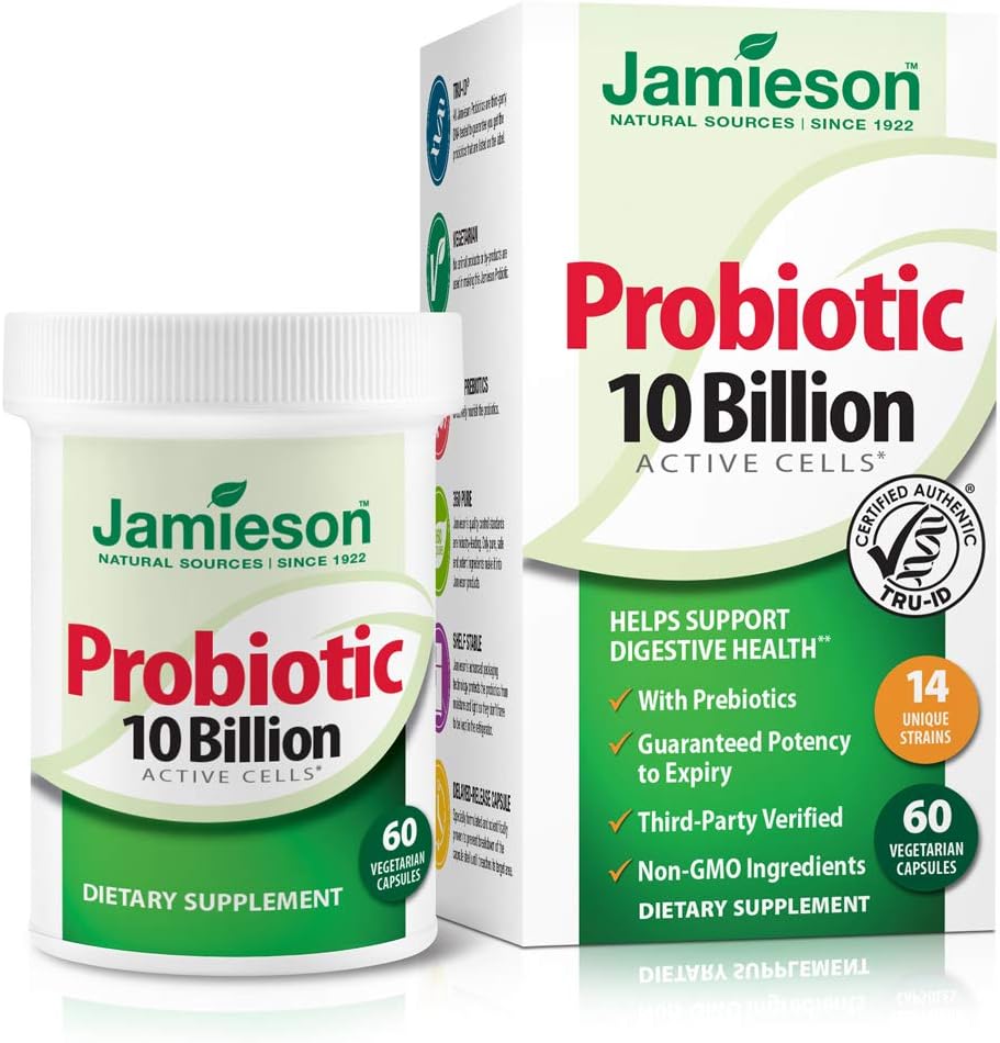 Jamieson Probiootit 10 miljardia - Daily Probiotic Supplement for Digestion, Palauta Gut Health, ja Immunomy System Support - Probiootit naisten ja miesten (60 Count).