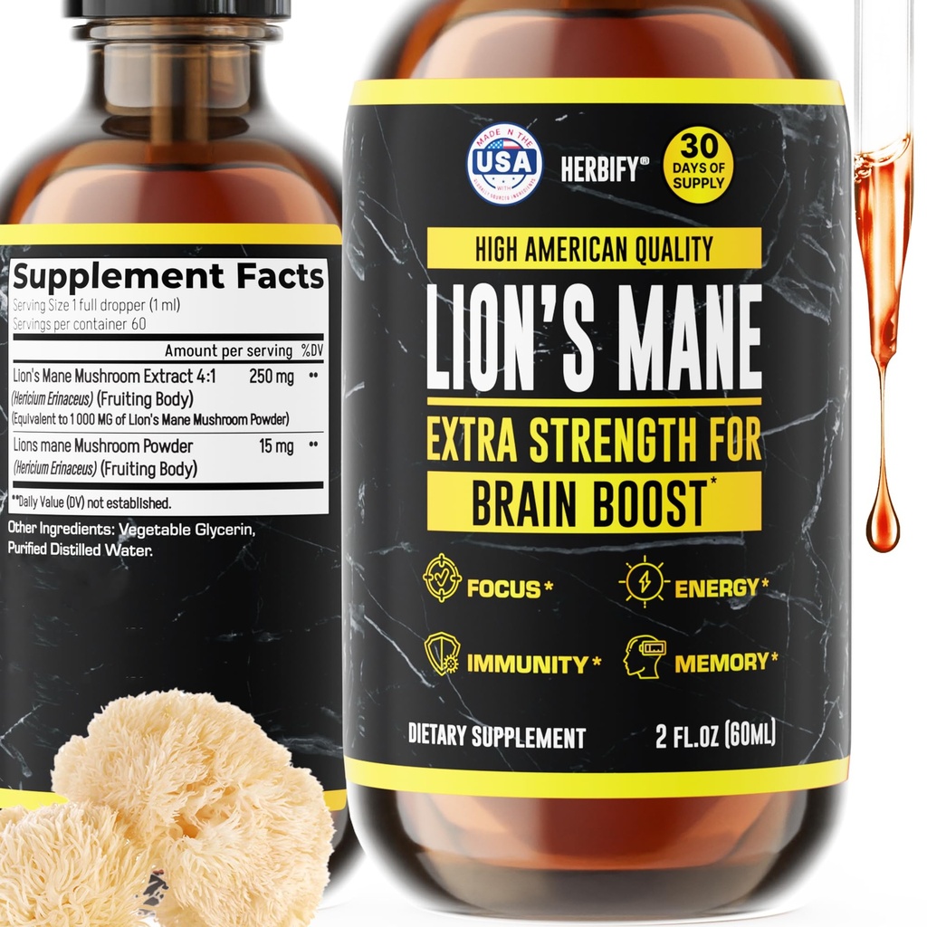 HERBIFY Lions Mane Supplement - Daglig Mushroom Supplement för minne, fokus och klarhet - Brain Booster - Lions Mane Tincture för immunstöd - 2 Fl oz