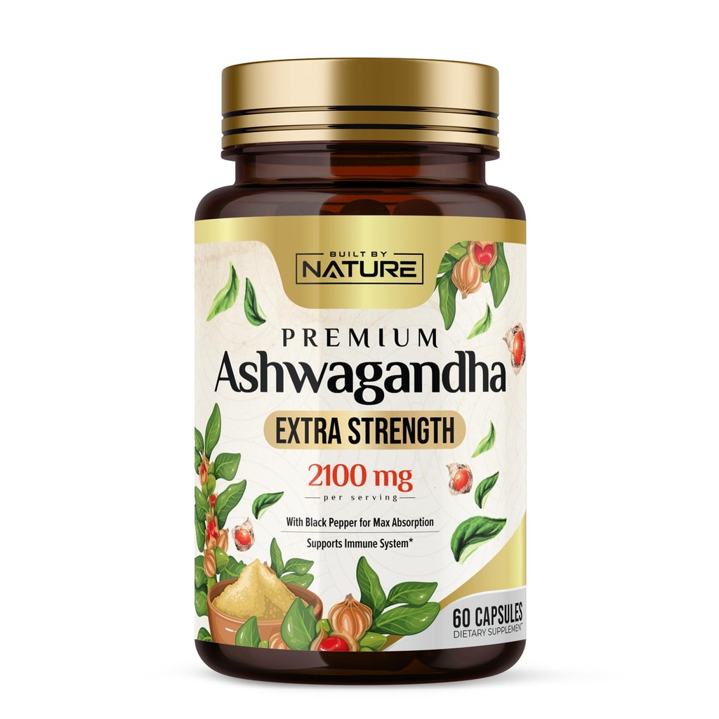 Rakennettu Nature Ashwagandha 2100mg Extra Strength Stressi Relief & Mood Support Black Pepper Extract Max Imeytyminen - ei-GMO, Vegaani, Gluteeniton - 60 kapselia