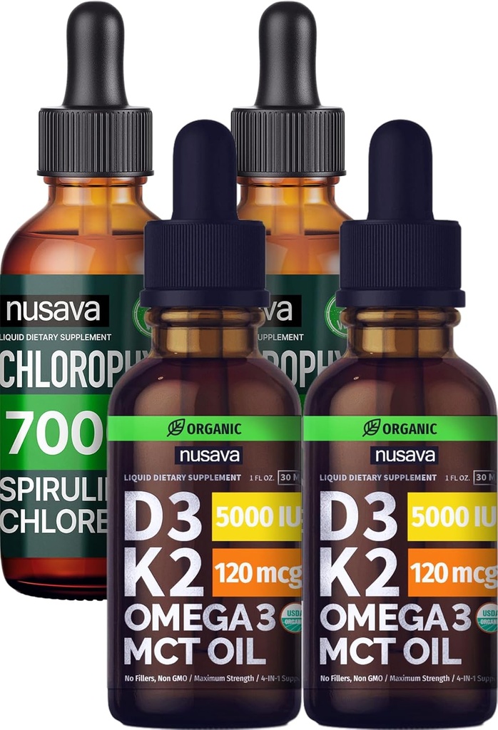 NUSAVA Mauttomat D3 K2 Drops ja klorofylli neste drops Bundle - Potent Liquid Vitamiins for Heart, Joint, Energy, & Immuuni tuki - ei-GMO, Gluteeniton, 2pk Each