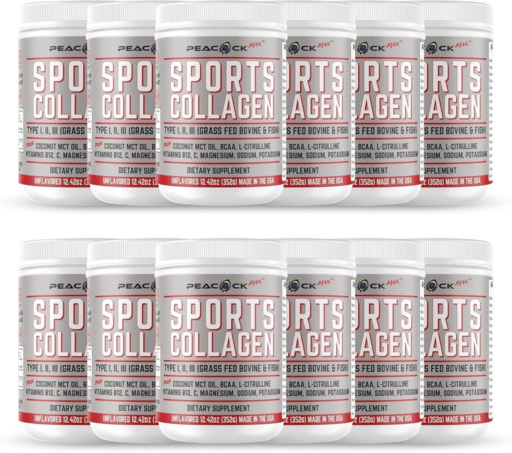 Sport Collagen Powder, 12.42 oz, Pack of 12 - Grass Fed Bovine & Wild Fish Hydrolyzed Typ I, II, III Multi Collagen Peptides, Unflavored Protein Powder med elektrolyter