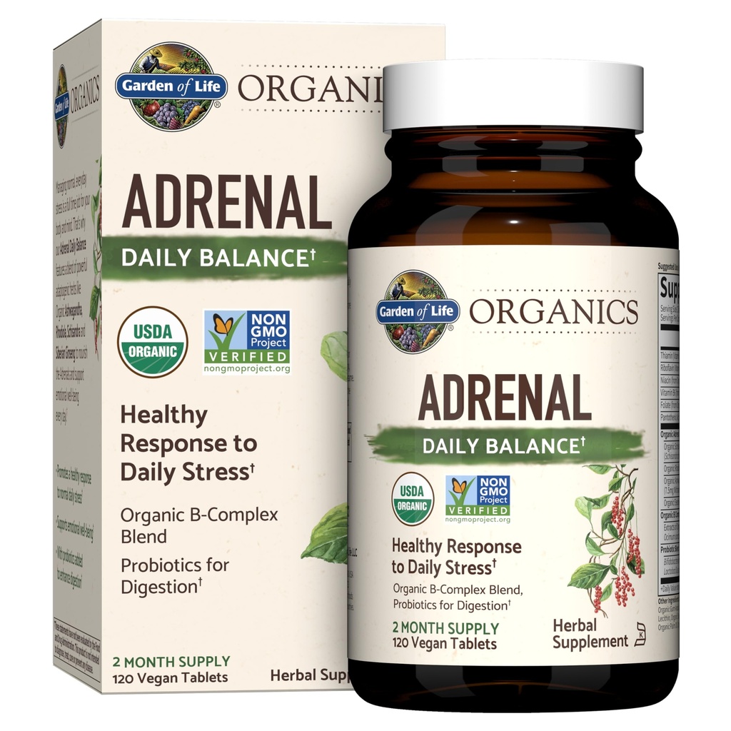 Elämänpuutarha Organics Adrenal Daily Balance, Adaptogenic Yrtit Ashwagandha, Holy Basil, B Complex & Probiootit, Organic Non-GMO, Vegan, Gluteeniton Supplement, Kahden kuukauden toimitus, 120 tablettia