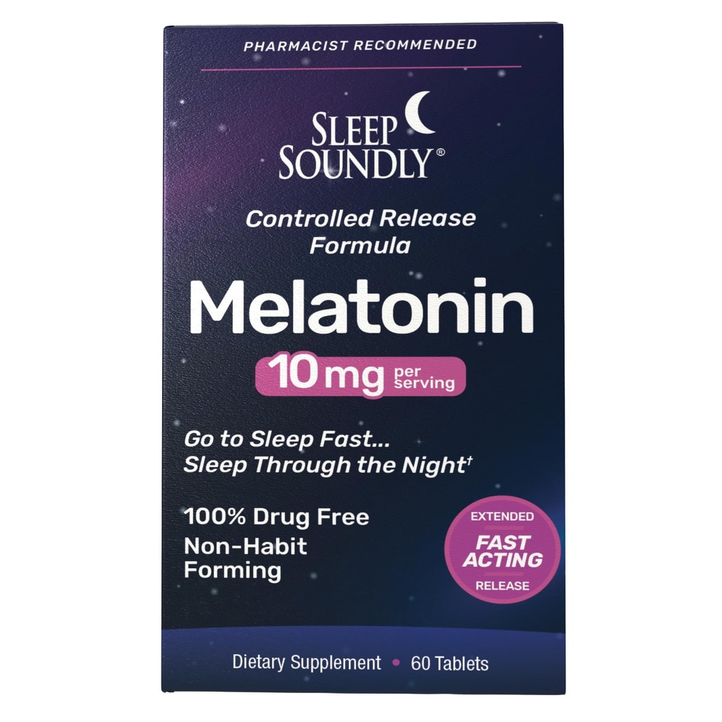 Sleep Soundly Melatoniini 10mg, nopea toiminta, laajennettu release Sleep Formula, 60 annosta, sininen