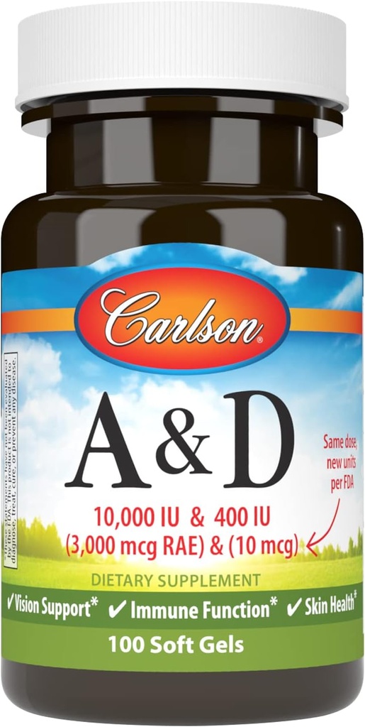Carlson - A & D, 10000 IE (3000 mcg RAE) Vitamin A, 400 IE (10 mcg) Vitamin D3, Vision Support, Skin Health, 100 Soft Gels
