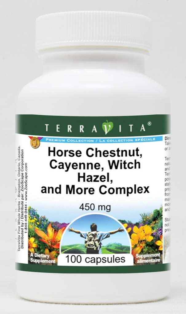Terravita Horse Chestnut, Cayenne, Witch Hazel ja monimutkaisempi - 450 mg (100 kapselia, ZIN: 517073)