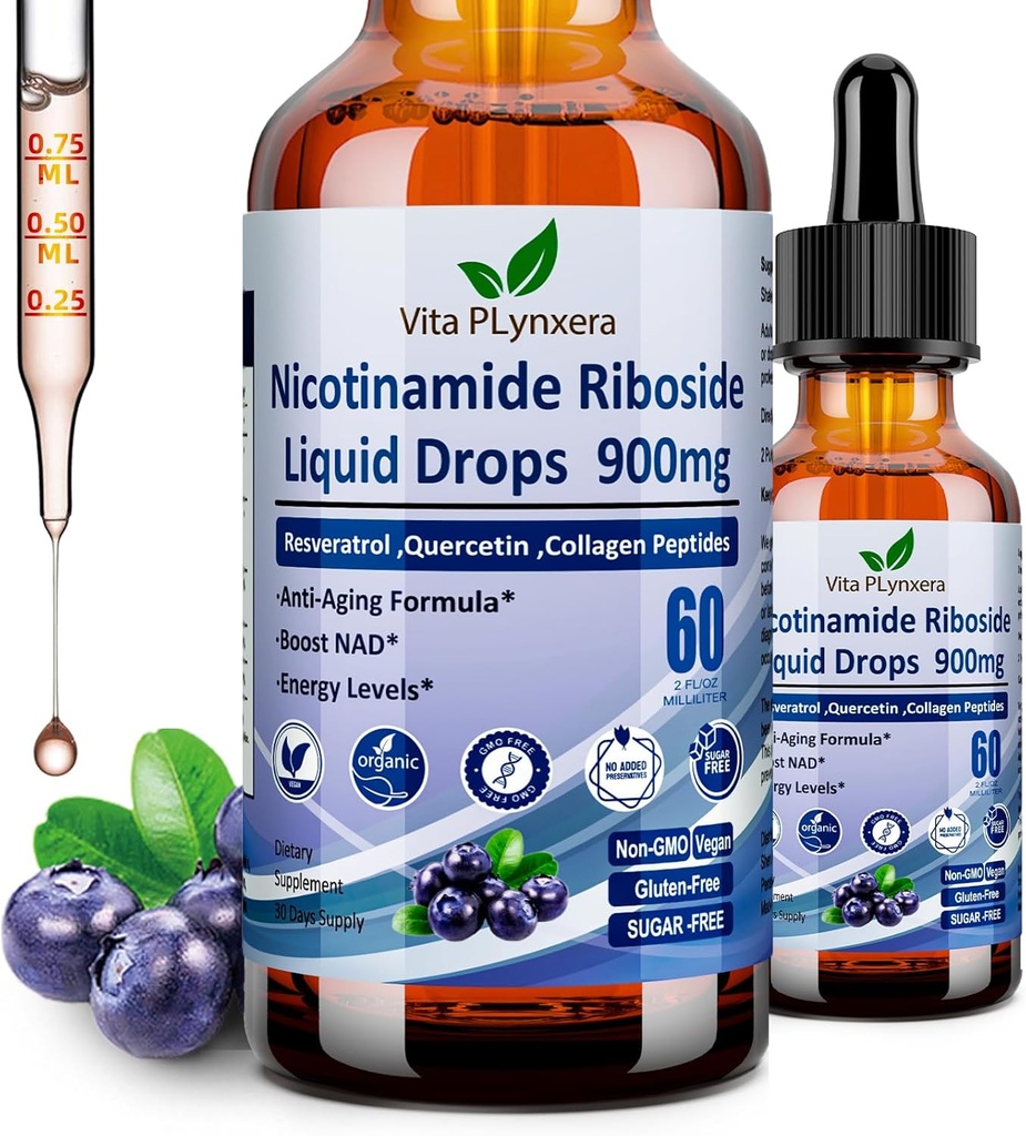 NAD lisäravinteet naisille ja miehille, NAD Nikotinamidi Ribosidi Resveratrol 900 mg & Quercetin, Niacin, Collagen, Biotin, Liquid NAD Plus Supplement NR900 anti-aging ihon Energy Longevity Focus Brain