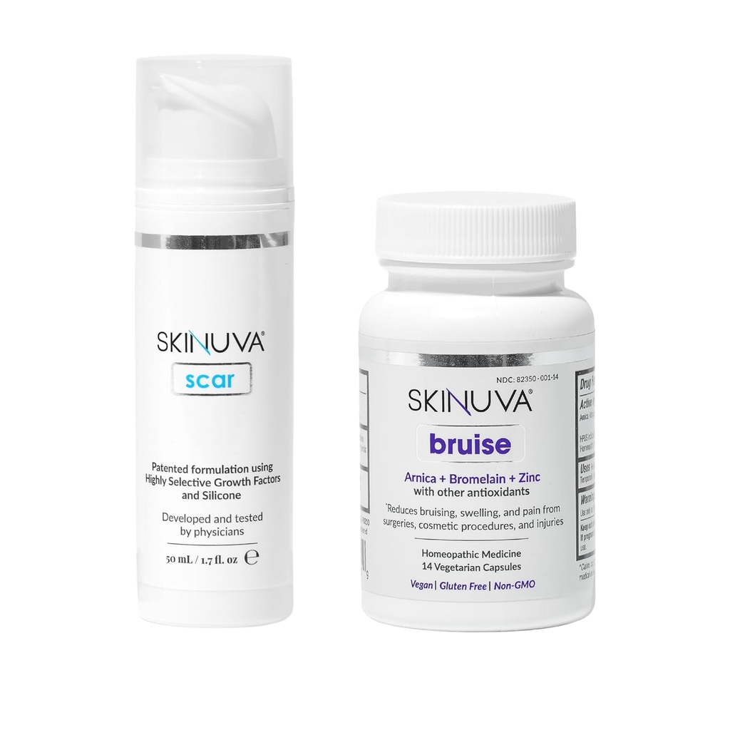 Skinuva® Scar (1,7 oz) & Bruise (14 kapslar) - Avancerad silikonkräm formulerad med tillväxtfaktorer och homeopatisk Bruise Remedy formulerad med Arnica, Bromelain & Zink