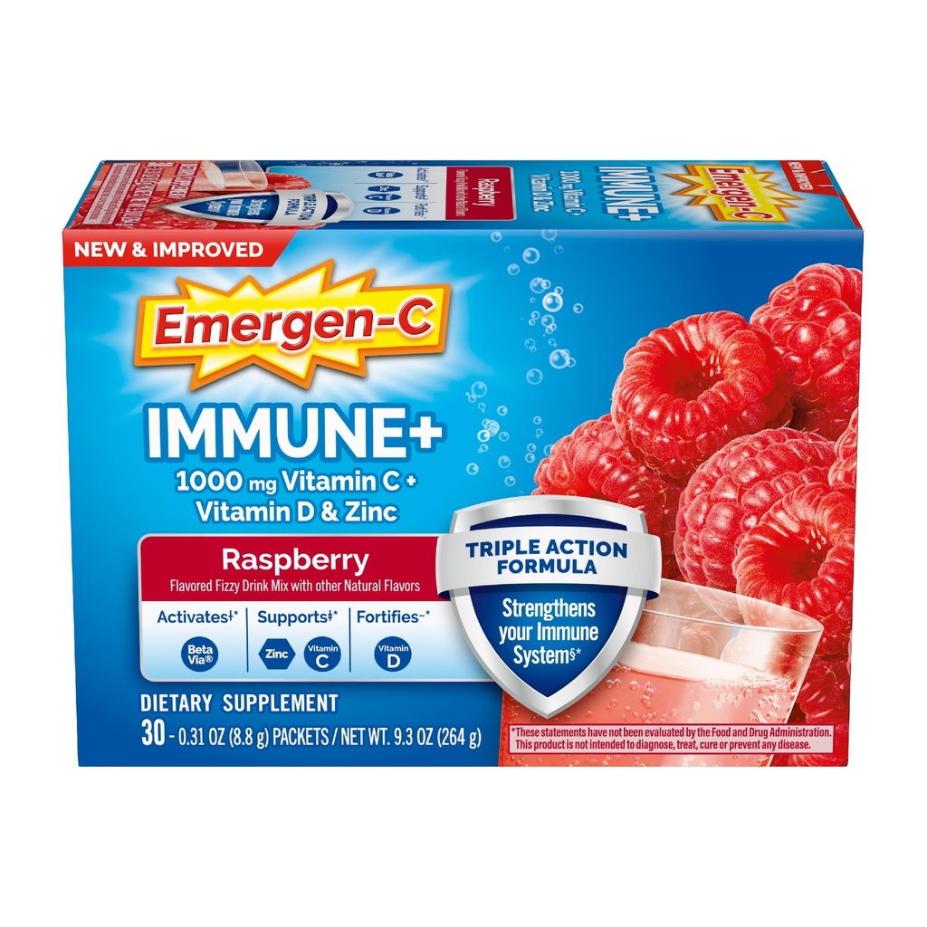 Emergen-C Immune+ Triple Action Immune Support Powder, BetaVia (R), 1000mg Vitamin C, B Vitaminer, D-vitamin och antioxidanter, Raspberry, Tillbaka till School Essentials - 30 Count