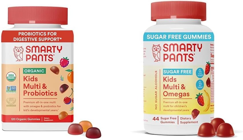 SmartyPants Kids Multivitamiini Gummies Bundle: Organic Probiootit, Omega 3, Vitamiinit D3, C, B12, B6, A, K & Sinkki Immuunituki, Sokeriton mansikkabanaani, 164 Count