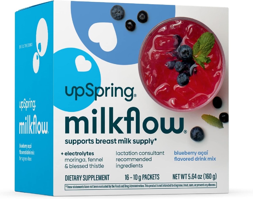 UpSpring Milkflow Elektrolyytti Imetys täydentää Drink Mix Finugreek-Free, Moringa & Blueberry Acai Maku, Imetys täydentää tukea rintojen maitoa ja palauttaa Electrolyytit, 16 Mixes