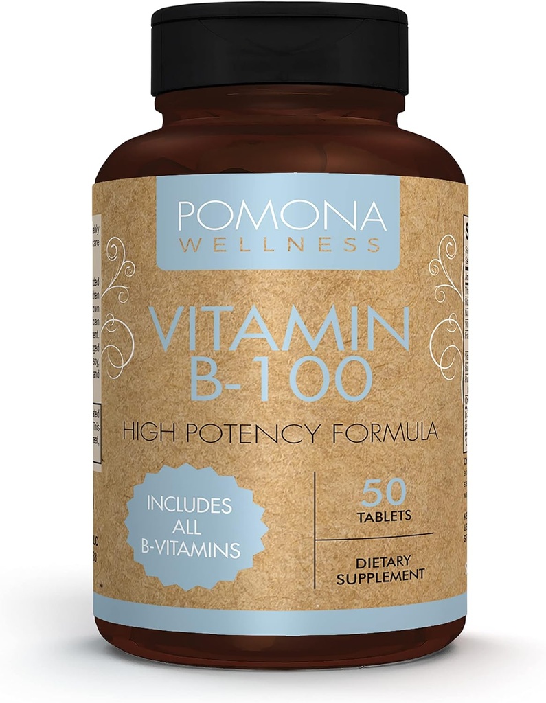 Pomona Wellness Vitamin B-komplex tillskott med folsyra, hög styrka multivitamin, alla 10 B-vitaminer inklusive B12, stöder energinivåer, hjärthälsa, icke-GMO, 50 tabletter