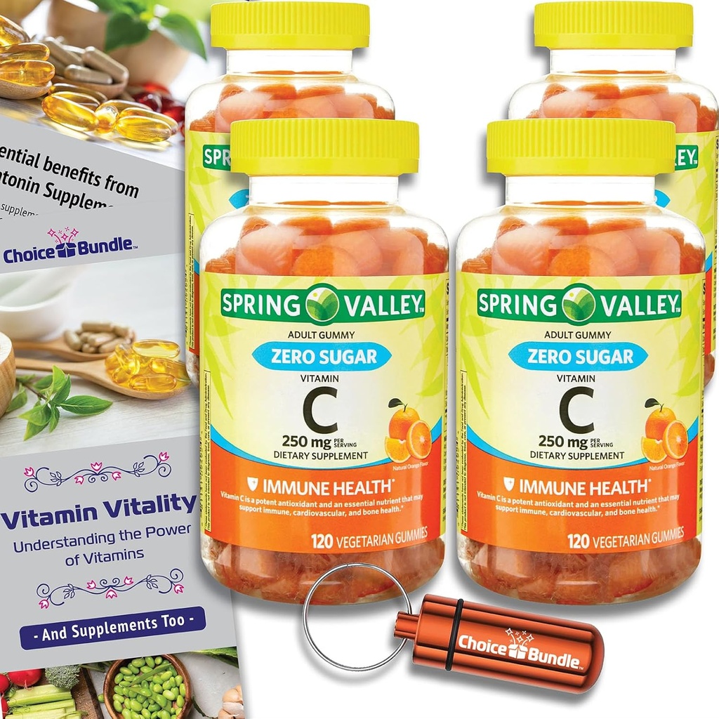 Valitse Bundle Spring Valley Zero Sokeri C-vitamiini Gummies Ravintolisä 250 mg 120 Ct 4 pk (480 yhteensä) + Vitamiini opas & pilleripakkaus (6 tuotetta)!