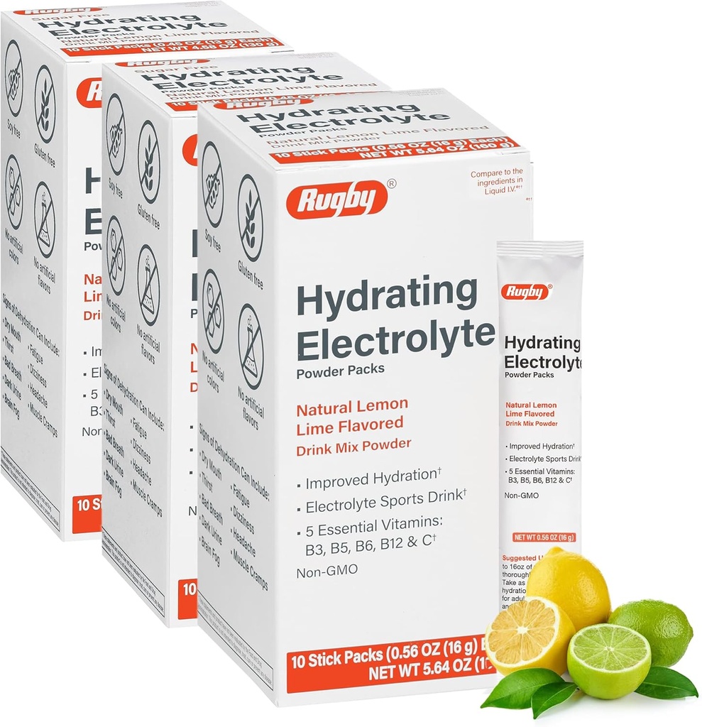 Rugby Hydrating Electrolyte Powder Packs - Drink Mix Powder Packets 5 Vitamiineja - Parannettu Hydraation - Natural Lemon-Lime Flavor - 10 Stick Packs - 0,56 Oz Each (3 pakkaus)