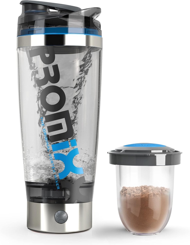 Promixx Pro Shaker Bottle (iX-R Edition) | Uppladdningsbar, kraftfull för Smooth Protein Shakes | inkluderar Supplement Storage - BPA Free | 20oz Cup (Silver Blue/Gray)